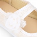 CEREMONIES Girl Mary Jane shoes with hook and loop strap and FLOWER in LINEN.