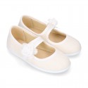 CEREMONIES Girl Mary Jane shoes with hook and loop strap and FLOWER in LINEN.