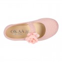 CEREMONIES Girl Mary Jane shoes with hook and loop strap and FLOWER in LINEN.