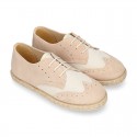 NATURAL LINEN canvas kids Laces up shoes espadrille style combined with suede leather.