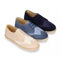 NATURAL LINEN canvas kids Laces up shoes espadrille style combined with suede leather.
