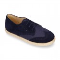 NATURAL LINEN canvas kids Laces up shoes espadrille style combined with suede leather.