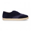 NATURAL LINEN canvas kids Laces up shoes espadrille style combined with suede leather.