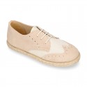 NATURAL LINEN canvas kids Laces up shoes espadrille style combined with suede leather.