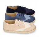 NATURAL LINEN canvas kids Laces up shoes espadrille style combined with suede leather.