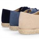 NATURAL LINEN canvas kids Laces up shoes espadrille style combined with suede leather.