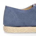 NATURAL LINEN canvas kids Laces up shoes espadrille style combined with suede leather.