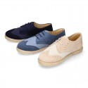 NATURAL LINEN canvas kids Laces up shoes espadrille style combined with suede leather.