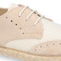 NATURAL LINEN canvas kids Laces up shoes espadrille style combined with suede leather.