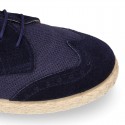 NATURAL LINEN canvas kids Laces up shoes espadrille style combined with suede leather.