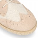 NATURAL LINEN canvas kids Laces up shoes espadrille style combined with suede leather.