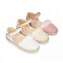 Linen canvas girl espadrille shoes for CEREMONIES with flower and pearls design.