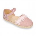 Linen canvas girl espadrille shoes for CEREMONIES with flower and pearls design.