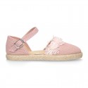 Linen canvas girl espadrille shoes for CEREMONIES with flower and pearls design.