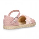 Linen canvas girl espadrille shoes for CEREMONIES with flower and pearls design.