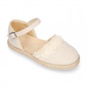 Linen canvas girl espadrille shoes for CEREMONIES with flower and pearls design.