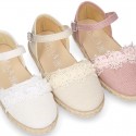 Linen canvas girl espadrille shoes for CEREMONIES with flower and pearls design.