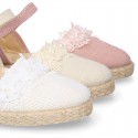 Linen canvas girl espadrille shoes for CEREMONIES with flower and pearls design.