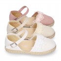 Linen canvas girl espadrille shoes for CEREMONIES with flower and pearls design.