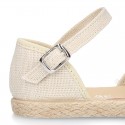 Linen canvas girl espadrille shoes for CEREMONIES with flower and pearls design.