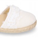 Linen canvas girl espadrille shoes for CEREMONIES with flower and pearls design.