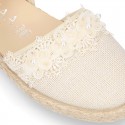 Linen canvas girl espadrille shoes for CEREMONIES with flower and pearls design.