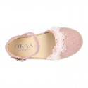 Linen canvas girl espadrille shoes for CEREMONIES with flower and pearls design.