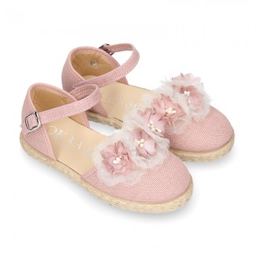MAKE UP PINK canvas girl espadrille shoes with FLOWER and PEARLS design.