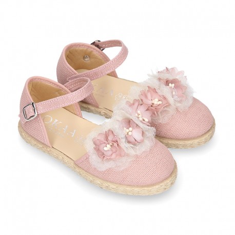 MAKE UP PINK canvas girl espadrille shoes with FLOWER and PEARLS design.