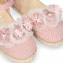 MAKE UP PINK canvas girl espadrille shoes with FLOWER and PEARLS design.