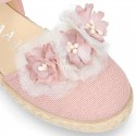 MAKE UP PINK canvas girl espadrille shoes with FLOWER and PEARLS design.