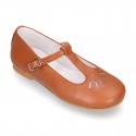 Little Girl T-Strap OKAA Mary Jane shoes in nappa leather in TAN color for spring.