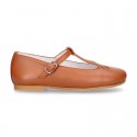 Little Girl T-Strap OKAA Mary Jane shoes in nappa leather in TAN color for spring.