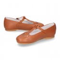 Little Girl T-Strap OKAA Mary Jane shoes in nappa leather in TAN color for spring.