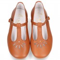 Little Girl T-Strap OKAA Mary Jane shoes in nappa leather in TAN color for spring.