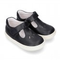 Nappa Leather Kids T-strap shoes with hook and loop strap closure with perforated design.