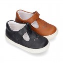 Nappa Leather Kids T-strap shoes with hook and loop strap closure with perforated design.