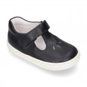 Nappa Leather Kids T-strap shoes with hook and loop strap closure with perforated design.