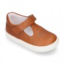 Nappa Leather Kids T-strap shoes with hook and loop strap closure with perforated design.