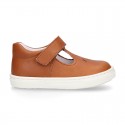 Nappa Leather Kids T-strap shoes with hook and loop strap closure with perforated design.