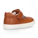 Nappa Leather Kids T-strap shoes with hook and loop strap closure with perforated design.