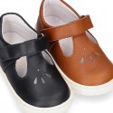 Nappa Leather Kids T-strap shoes with hook and loop strap closure with perforated design.