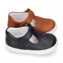 Nappa Leather Kids T-strap shoes with hook and loop strap closure with perforated design.