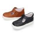 Nappa Leather Kids T-strap shoes with hook and loop strap closure with perforated design.