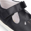 Nappa Leather Kids T-strap shoes with hook and loop strap closure with perforated design.