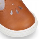 Nappa Leather Kids T-strap shoes with hook and loop strap closure with perforated design.