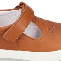 Nappa Leather Kids T-strap shoes with hook and loop strap closure with perforated design.