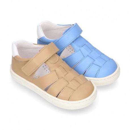 Nappa Leather Kids T-strap shoes with hook and loop strap closure with straps design.