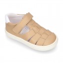 Nappa Leather Kids T-strap shoes with hook and loop strap closure with straps design.