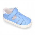 Nappa Leather Kids T-strap shoes with hook and loop strap closure with straps design.